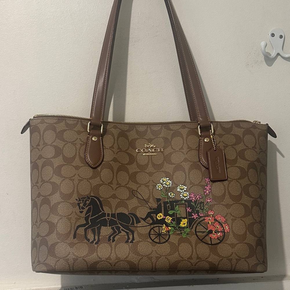 Coach Brown Tote with Floral Carriage Design